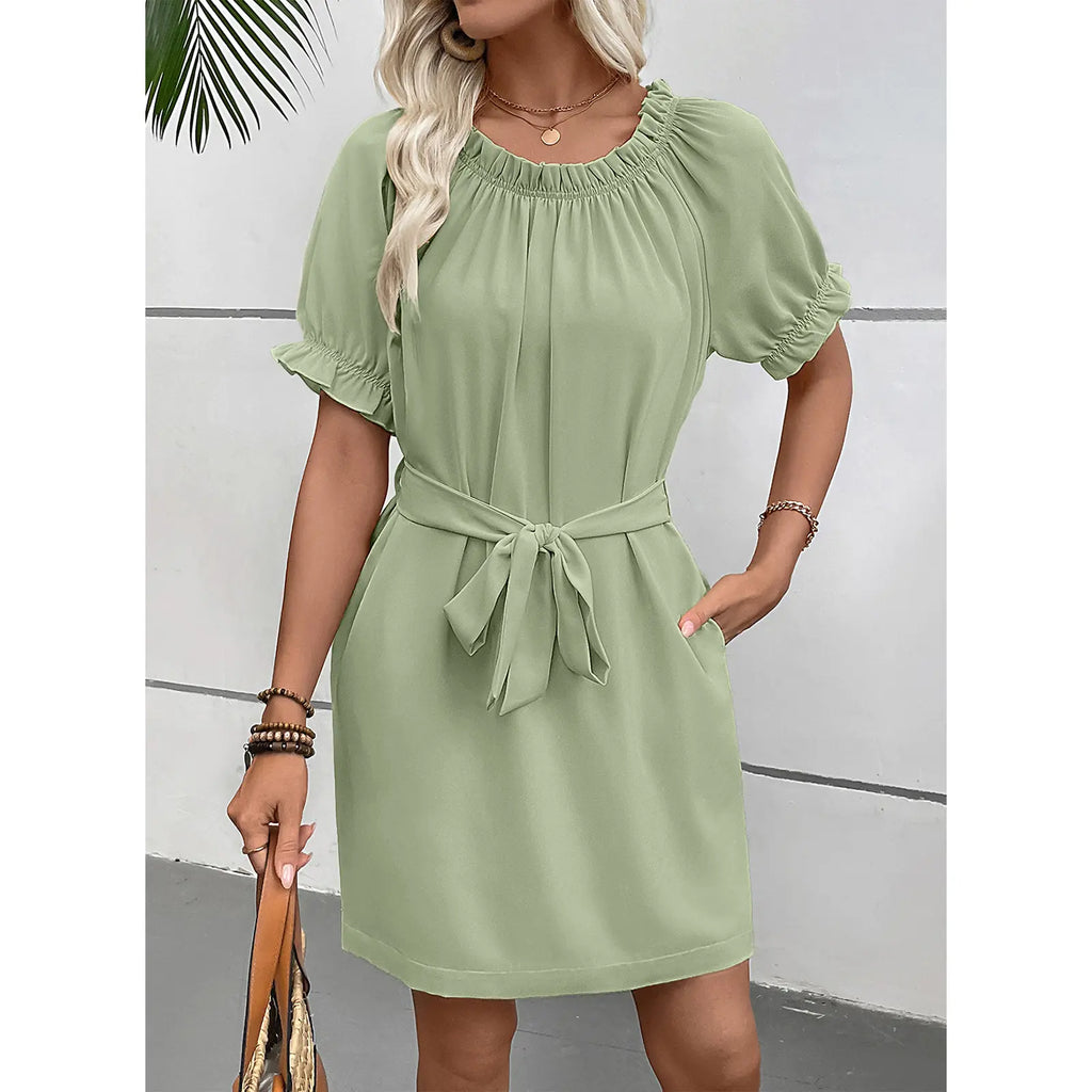 EVALESS Women'S Summer Dresses Elastic Collar Crewneck Ruffle Short Sleeve Fashion Beach Vacation Casual Dresses 2026 Womenswear Springtok Outfits with Self Tie Belt & Knee above Length Deals for You Days