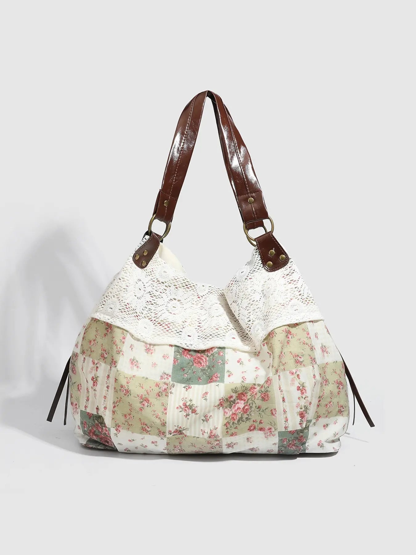 Small Niche Design Retro Fashion Texture Underarm Bag, Fashionable Patterned Bag, Floral Plaid Patchwork Fabric, Lace Lace Design, Large Capacity Single Shoulder Bag, Suitable for Beach Vacation, Shopping