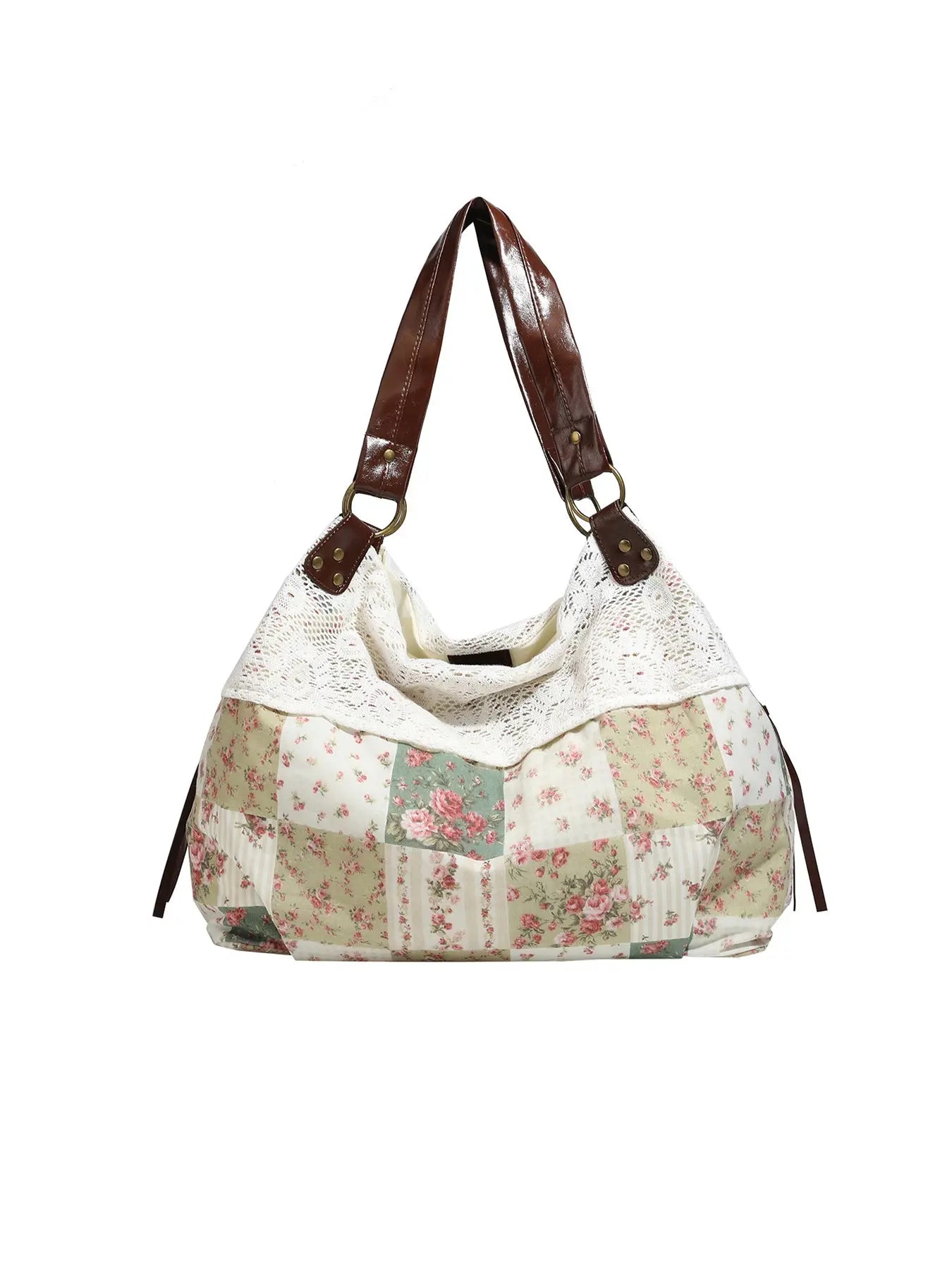 Small Niche Design Retro Fashion Texture Underarm Bag, Fashionable Patterned Bag, Floral Plaid Patchwork Fabric, Lace Lace Design, Large Capacity Single Shoulder Bag, Suitable for Beach Vacation, Shopping