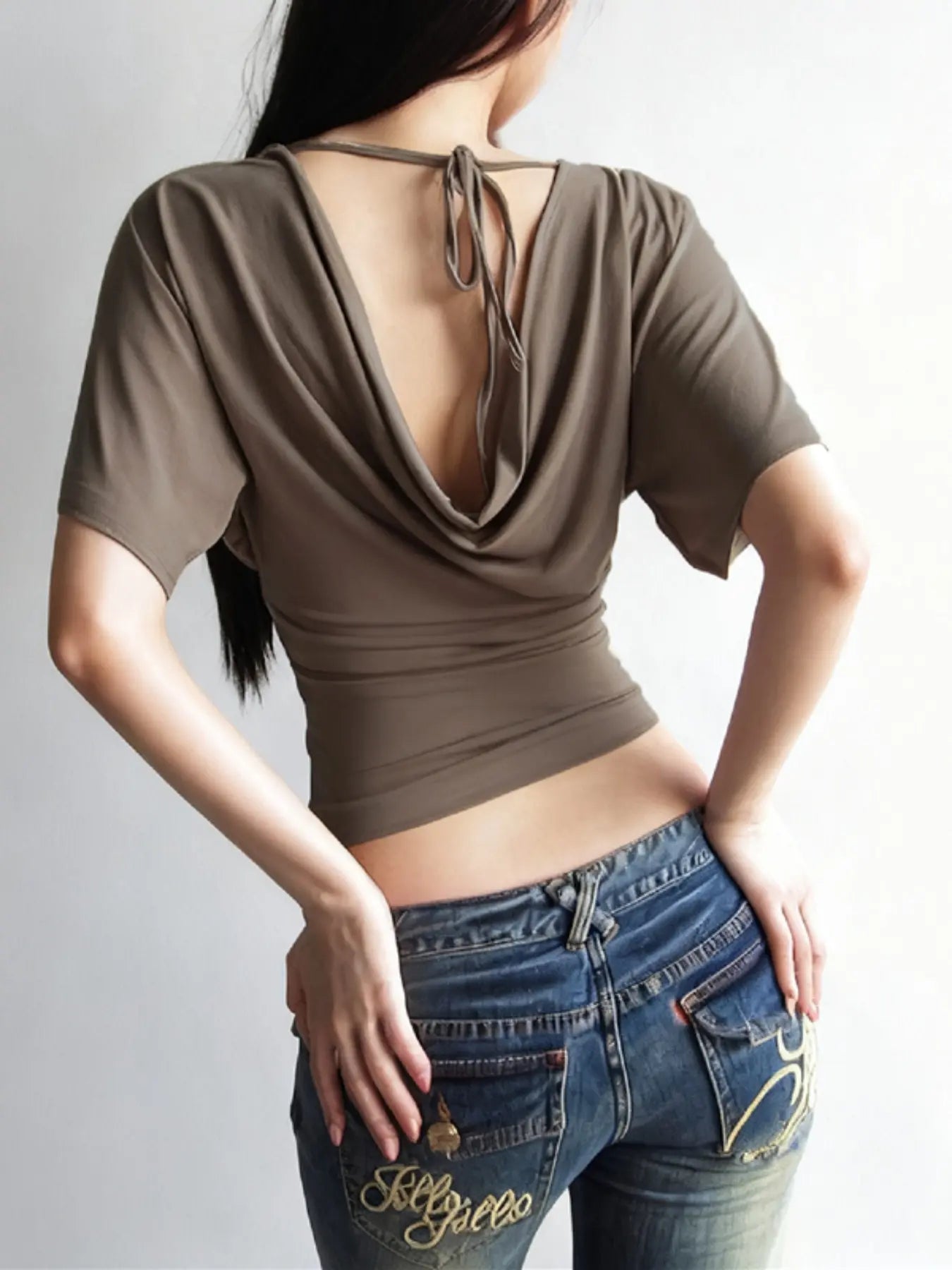 Women Summer Sexy Short Sleeve V Neck Backless T Shirt Tops Tee Womenswear