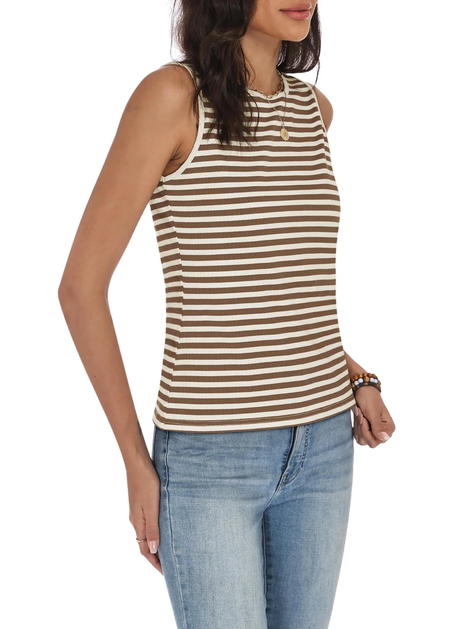 COCCKO Tank Top for Women 2026 Summer High Neck Sleeveless Striped Shirt Button Hollow Back Fitted Knit Camisole Tops