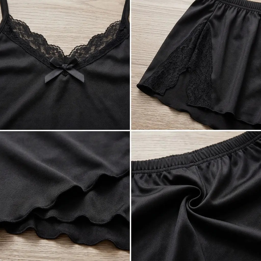 Women'S Ultra-Soft Lace Trim Cami Pajama Set – Breathable Skin-Friendly Sleepwear Adjustable Straps Side-Slit Shorts Sexy & Elegant Loungewear for Summer Nights Non-Rib-Knit Comfortable Home Wear Pajamas Sets for Women Cute Summer Outfits Vacation Outfits