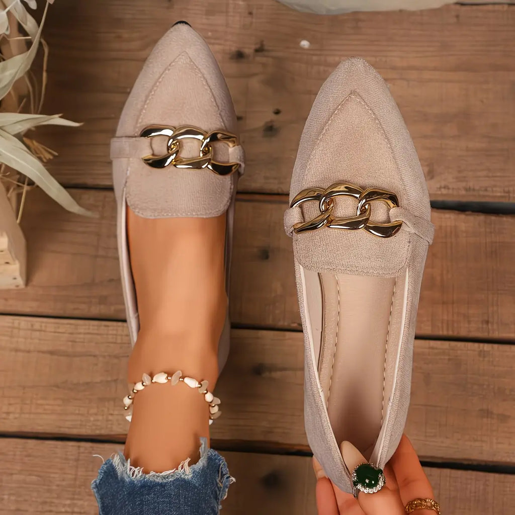 Boutiques Shoes，New Women'S Retro Loafers with Gold Buckle — French-Style Pointed-Toe Flats