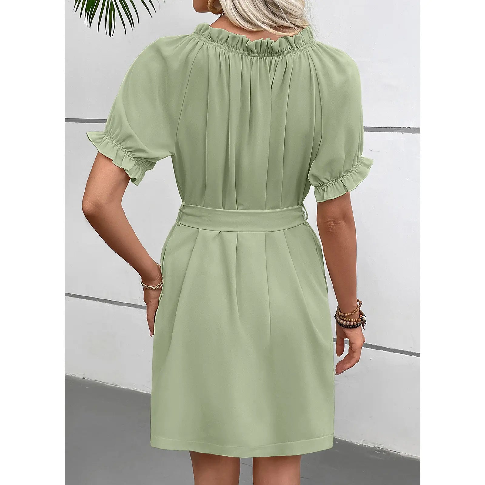 EVALESS Women'S Summer Dresses Elastic Collar Crewneck Ruffle Short Sleeve Fashion Beach Vacation Casual Dresses 2026 Womenswear Springtok Outfits with Self Tie Belt & Knee above Length Deals for You Days