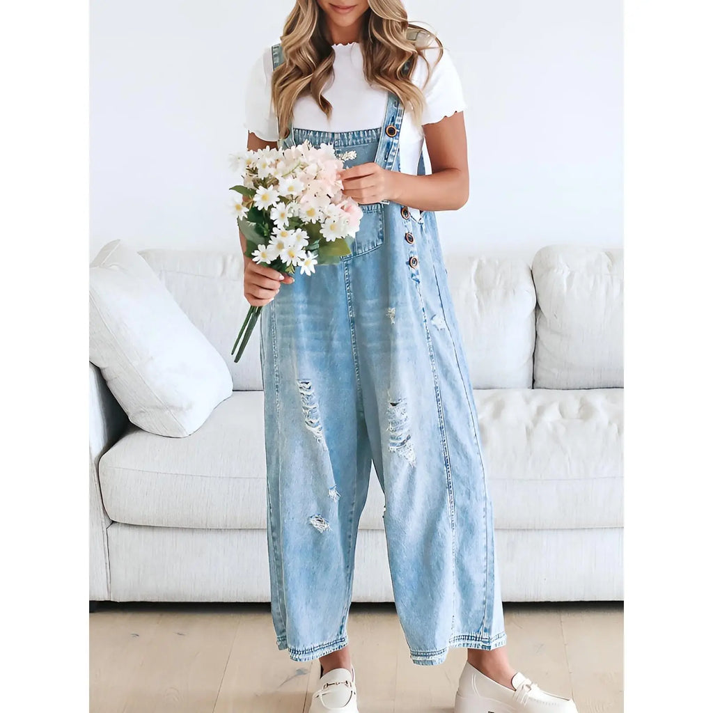 Imily Bela Women'S Casual Denim Overalls Loose Adjustable Strap Distressed Bib Jeans Overall Jumpsuits with Pocket
