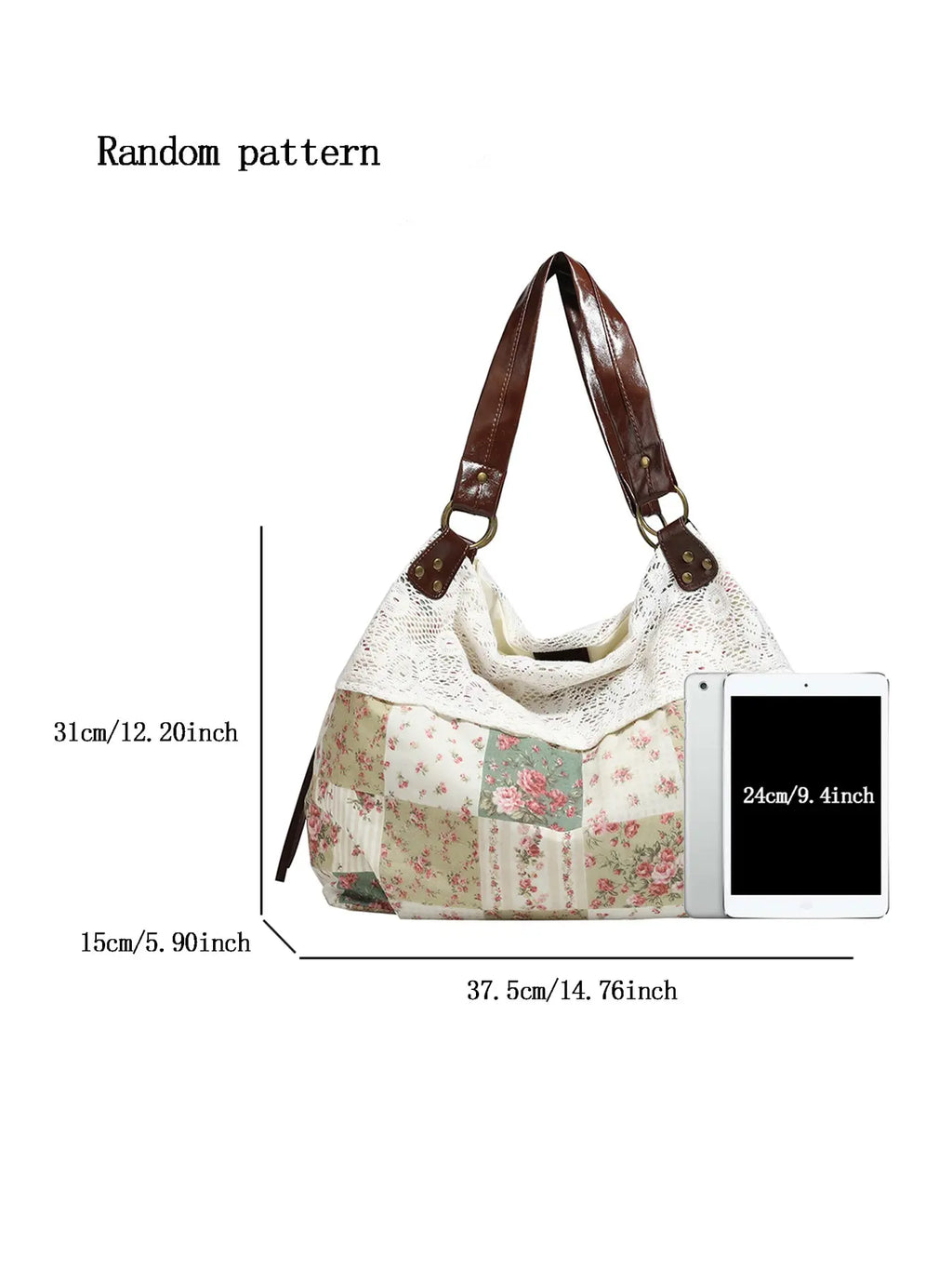 Small Niche Design Retro Fashion Texture Underarm Bag, Fashionable Patterned Bag, Floral Plaid Patchwork Fabric, Lace Lace Design, Large Capacity Single Shoulder Bag, Suitable for Beach Vacation, Shopping