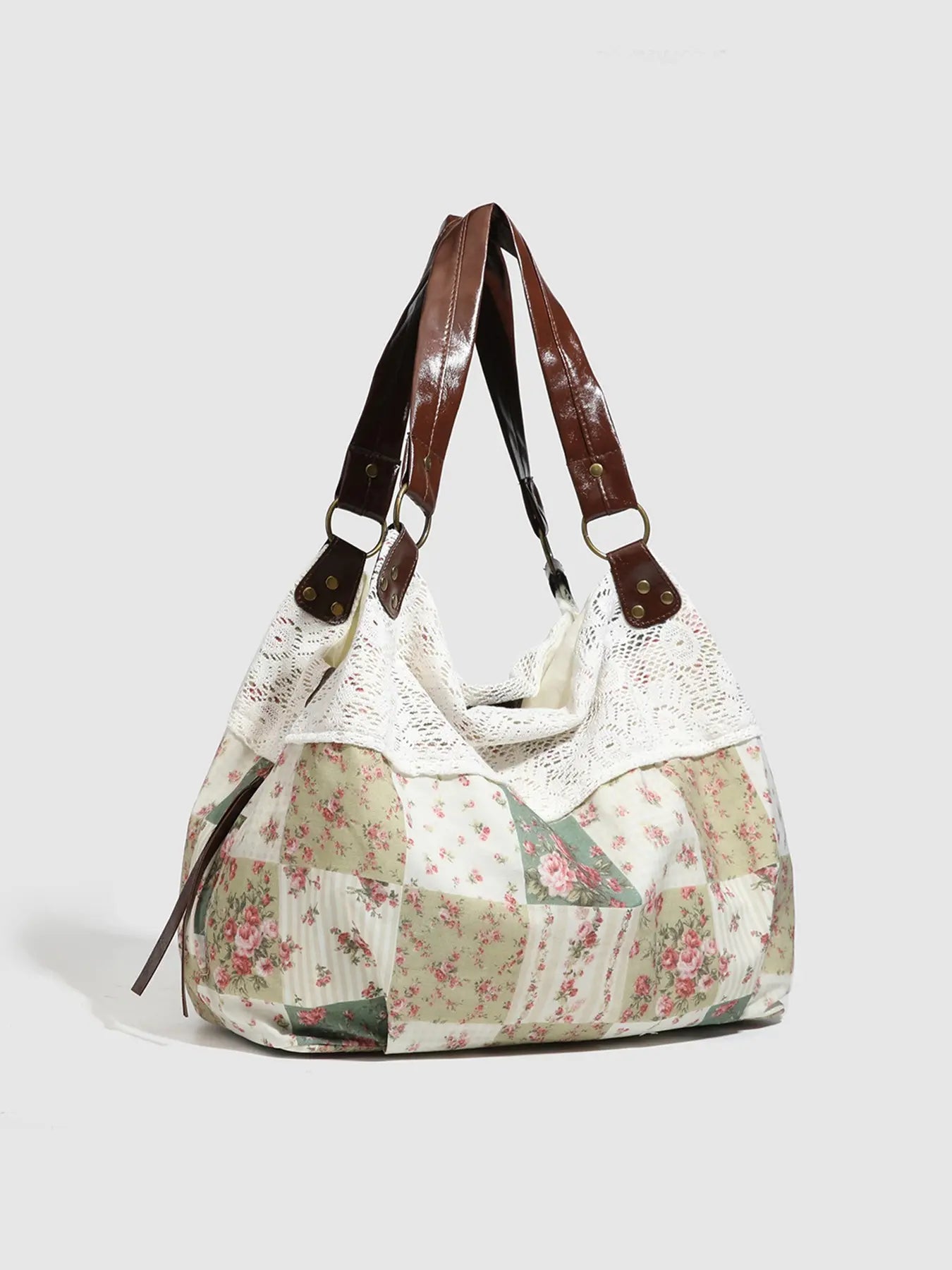Small Niche Design Retro Fashion Texture Underarm Bag, Fashionable Patterned Bag, Floral Plaid Patchwork Fabric, Lace Lace Design, Large Capacity Single Shoulder Bag, Suitable for Beach Vacation, Shopping