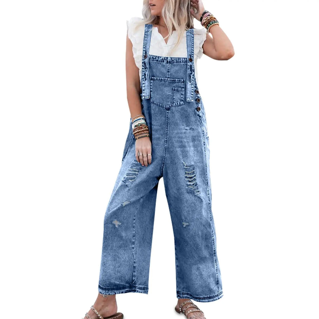 Imily Bela Women'S Casual Denim Overalls Loose Adjustable Strap Distressed Bib Jeans Overall Jumpsuits with Pocket