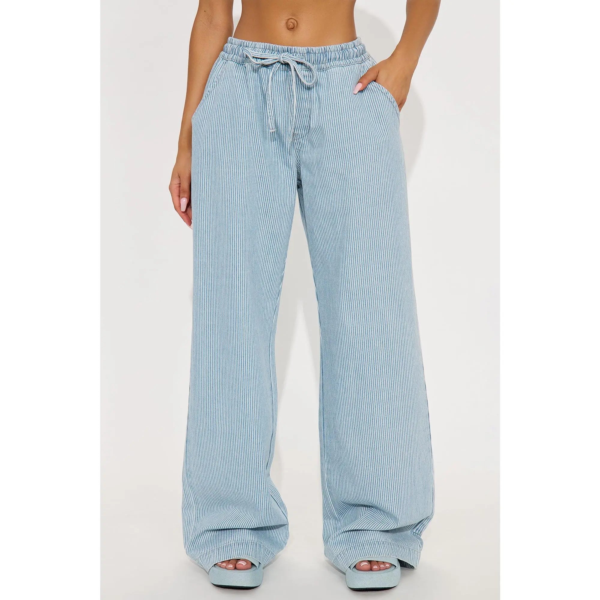 Tall Seawalk Striped Pull on Wide Leg Jeans - Light Blue