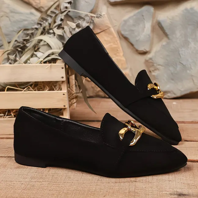 Boutiques Shoes，New Women'S Retro Loafers with Gold Buckle — French-Style Pointed-Toe Flats