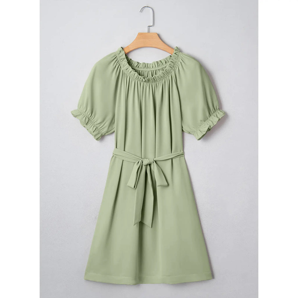 EVALESS Women'S Summer Dresses Elastic Collar Crewneck Ruffle Short Sleeve Fashion Beach Vacation Casual Dresses 2026 Womenswear Springtok Outfits with Self Tie Belt & Knee above Length Deals for You Days