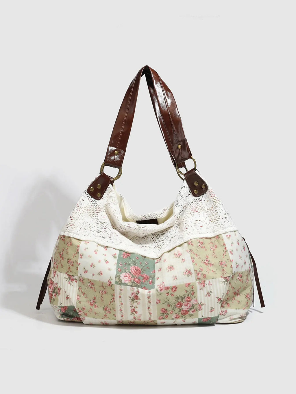 Small Niche Design Retro Fashion Texture Underarm Bag, Fashionable Patterned Bag, Floral Plaid Patchwork Fabric, Lace Lace Design, Large Capacity Single Shoulder Bag, Suitable for Beach Vacation, Shopping