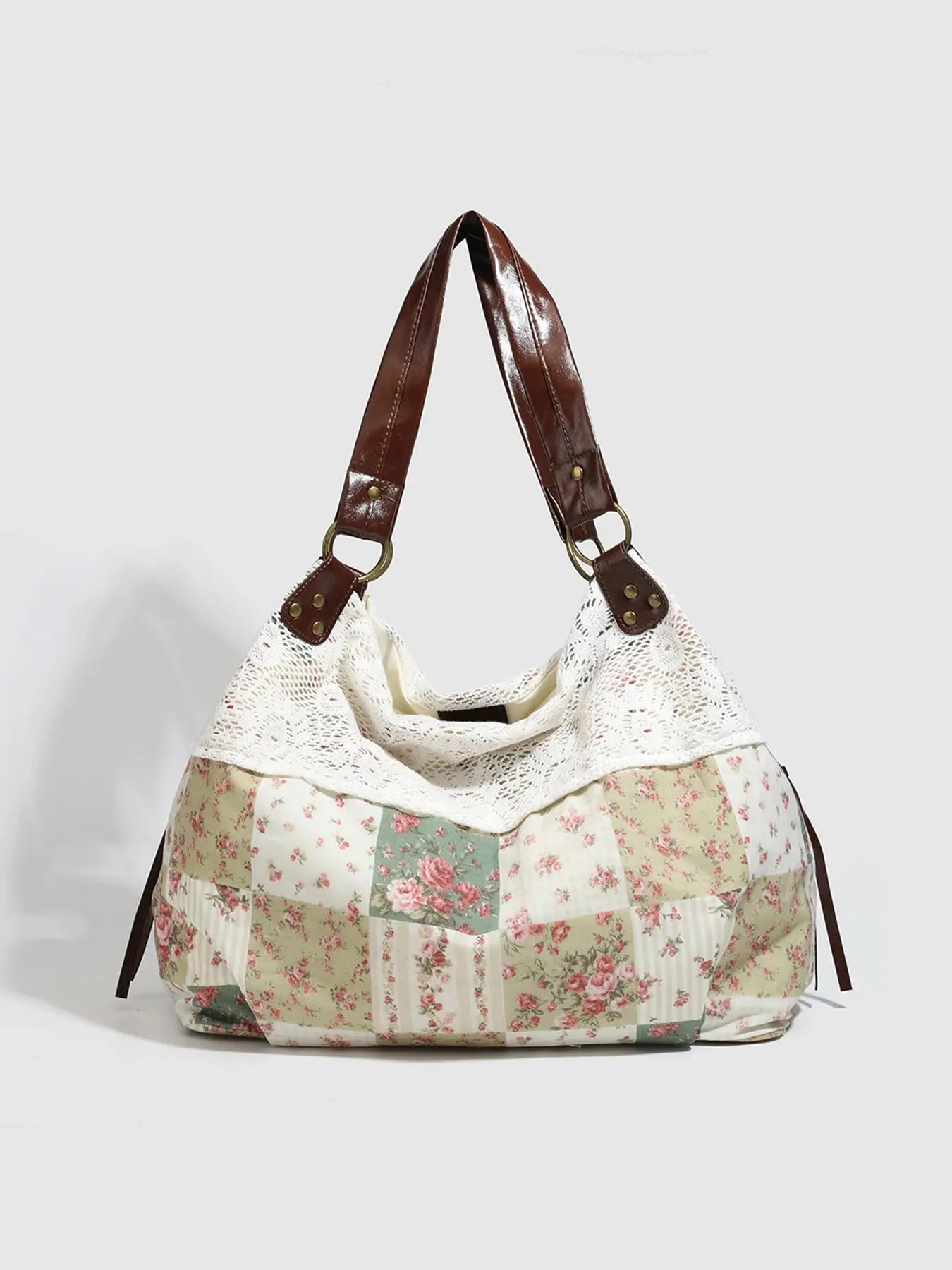 Small Niche Design Retro Fashion Texture Underarm Bag, Fashionable Patterned Bag, Floral Plaid Patchwork Fabric, Lace Lace Design, Large Capacity Single Shoulder Bag, Suitable for Beach Vacation, Shopping
