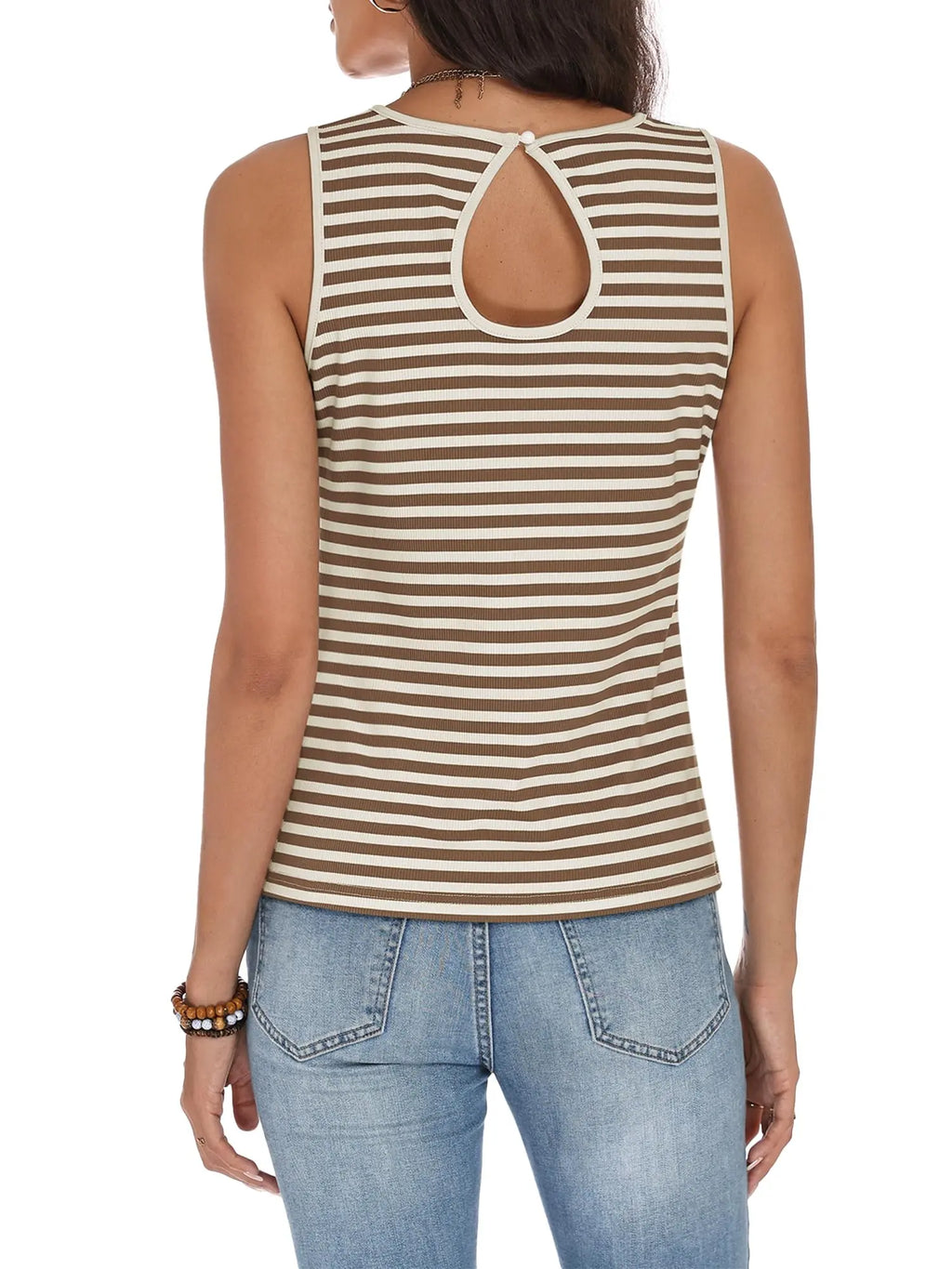 COCCKO Tank Top for Women 2026 Summer High Neck Sleeveless Striped Shirt Button Hollow Back Fitted Knit Camisole Tops