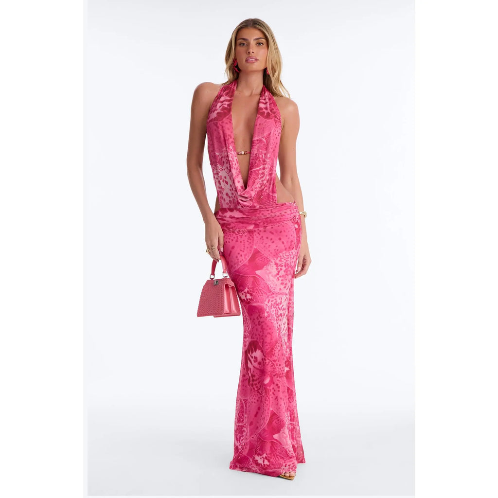 Vacay Mode Backless Mesh Maxi Dress - Pink