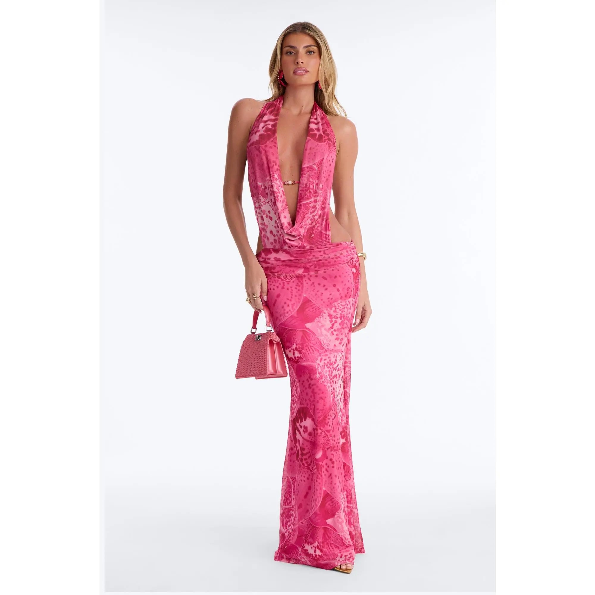 Vacay Mode Backless Mesh Maxi Dress - Pink