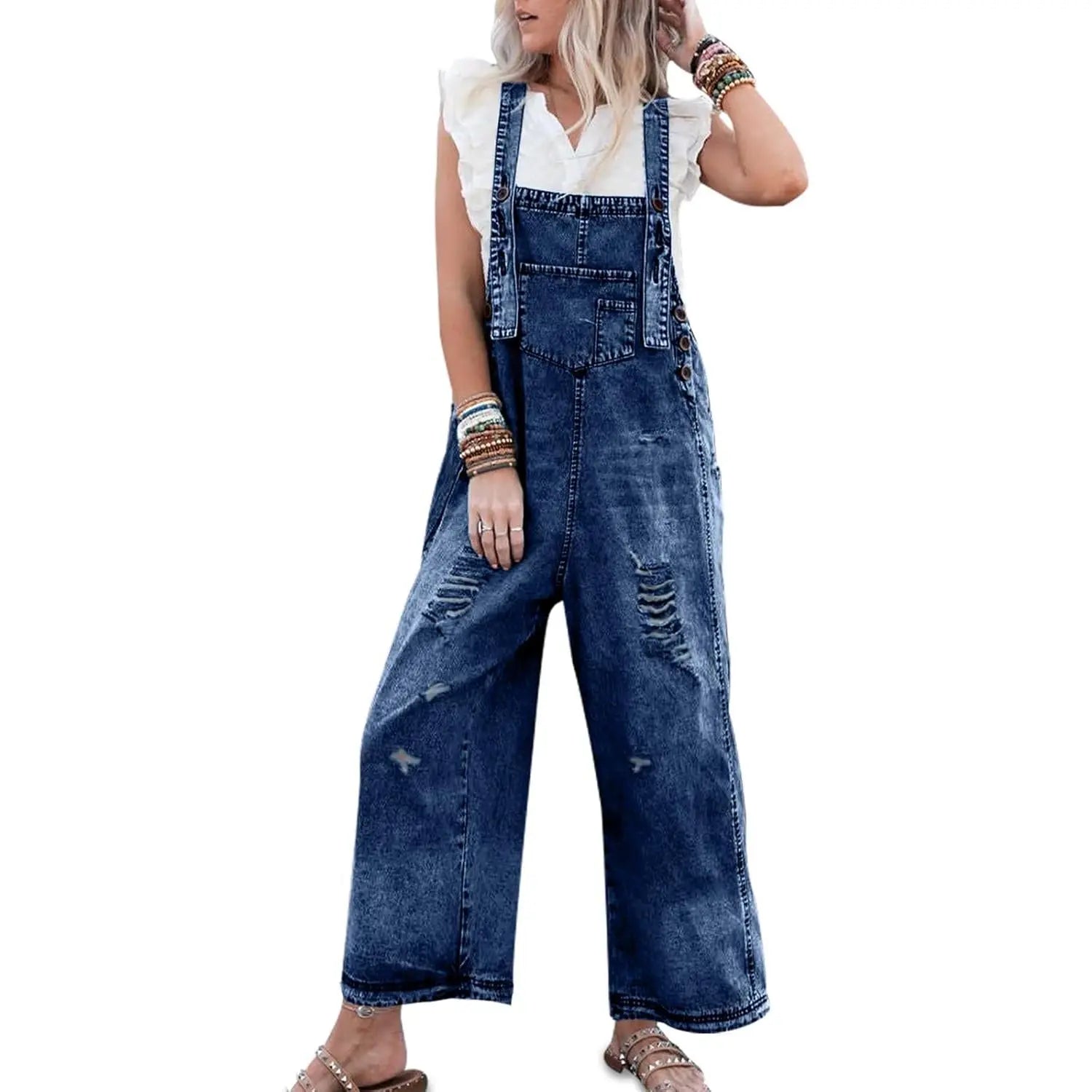 Imily Bela Women'S Casual Denim Overalls Loose Adjustable Strap Distressed Bib Jeans Overall Jumpsuits with Pocket