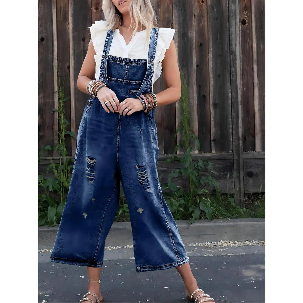 Imily Bela Women'S Casual Denim Overalls Loose Adjustable Strap Distressed Bib Jeans Overall Jumpsuits with Pocket