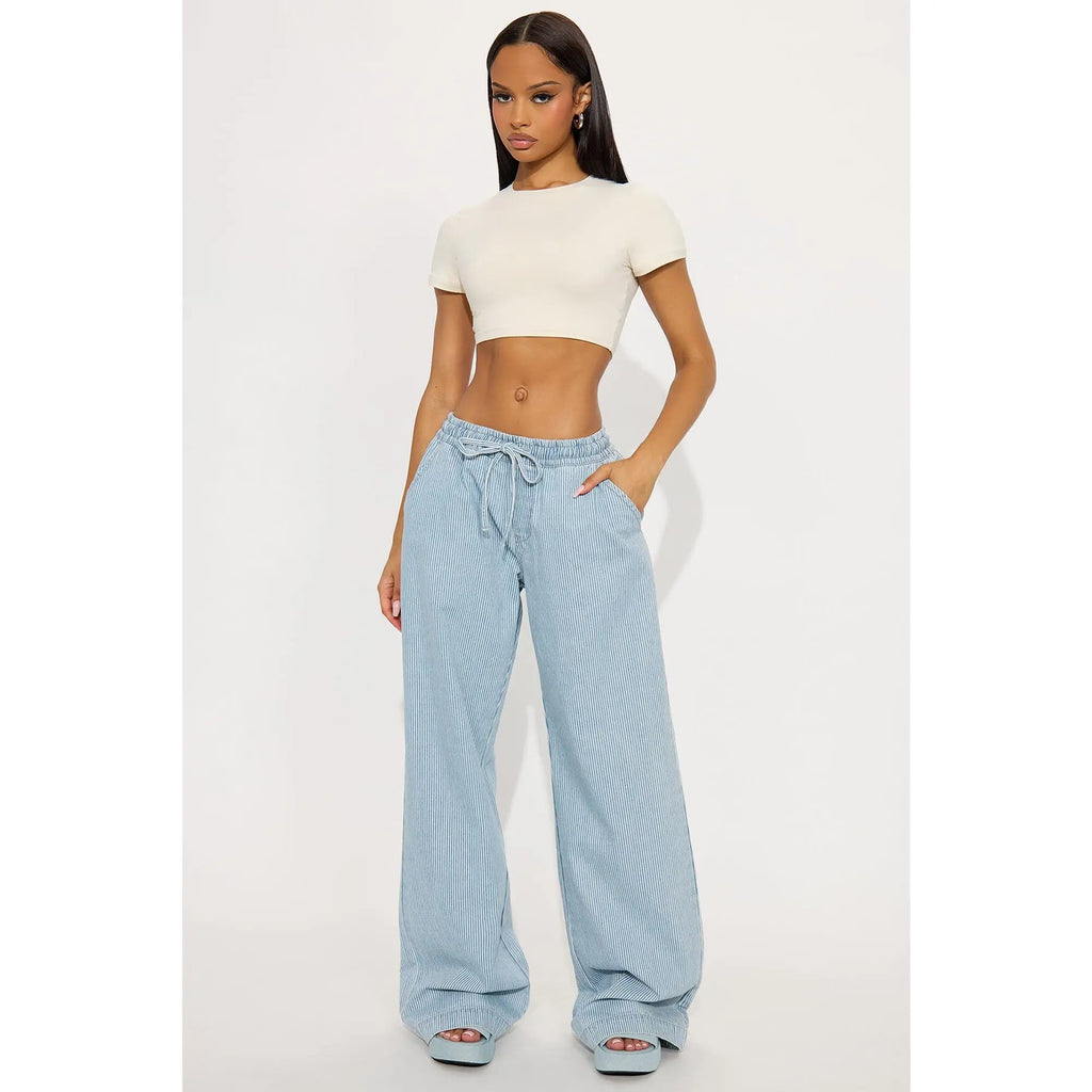 Tall Seawalk Striped Pull on Wide Leg Jeans - Light Blue